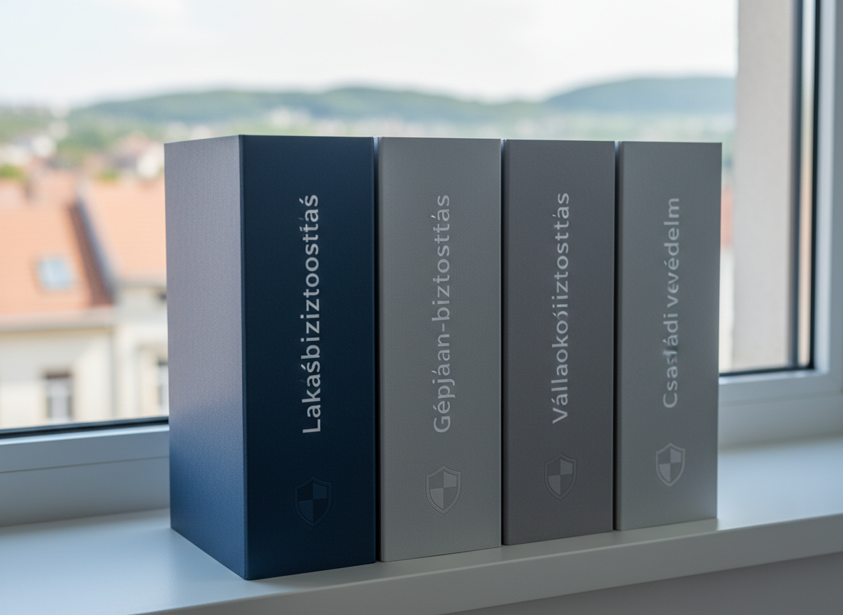A close-up of an orderly row of insurance policy folders on a matte white shelf, each high-quality folder labeled in Hungarian: “Lakásbiztosítás”, “Gépjármű-biztosítás”, “Vállalkozói biztosítás”, “Családi védelem”. The folders are in coordinated navy blue and light grey tones with subtle embossed shield icons. In the blurred background, a large window reveals a soft, indistinct view of Miskolc’s rooftops. Cool natural daylight from the side creates gentle shadows and fine texture on the folder surfaces. Photographic realism, captured from a slightly angled side perspective with shallow depth of field, producing a crisp, professional mood that emphasizes organization, expertise, and tailored solutions.