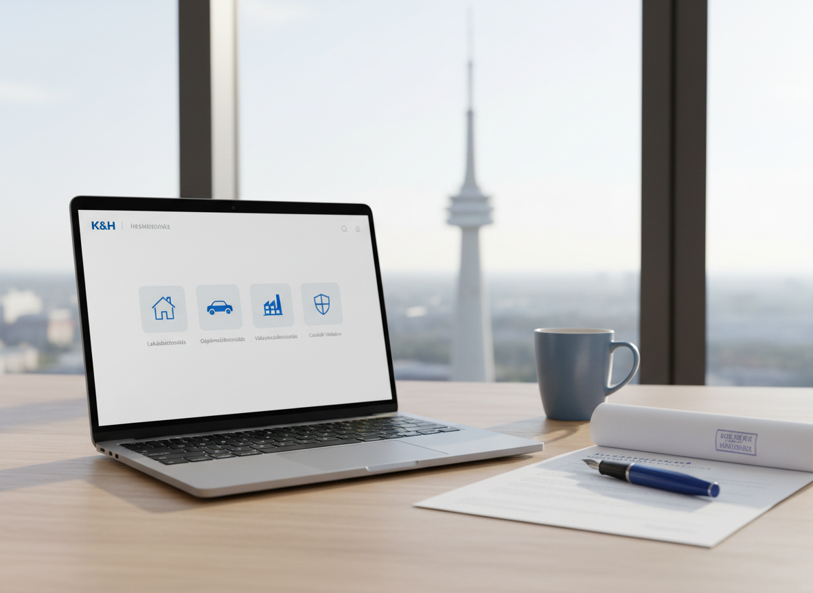 A bright, tidy home office workspace symbolizing online insurance consultation: a sleek silver laptop open on a light oak desk, screen displaying a clean dashboard with icons of a house, car, factory building, and family shield in Hungarian interface text. Next to the laptop lies a stamped insurance contract, a blue fountain pen, and a subtle K&H-style blue mug. Through the window behind, Miskolc’s Avas TV tower is visible but softly blurred. Soft morning daylight illuminates the scene, with gentle highlights on the laptop edges. Photographic realism, shot from a slightly elevated angle, balanced composition, projecting a trustworthy, efficient, and modern digital insurance experience.