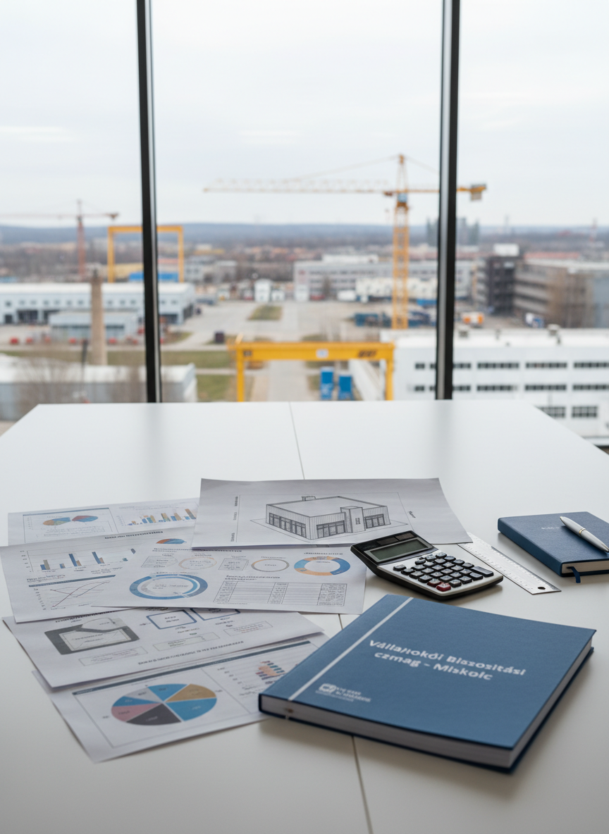 A detailed tabletop scene representing complex business insurance planning: a large, matte white conference table with neatly arranged printed risk assessment charts, a blueprint of a small industrial building, and a bound document titled “Vállalkozói biztosítási csomag – Miskolc”. A silver calculator, metal ruler, and minimalist blue notebook rest nearby. In the background, through a floor-to-ceiling window, a blurred industrial area of Miskolc with warehouses and cranes suggests local business activity. Soft overcast daylight creates even, shadowless illumination. Photographic realism, shot at a slight diagonal with moderate depth of field, reinforces a serious, analytical, and highly professional mood for corporate clients.